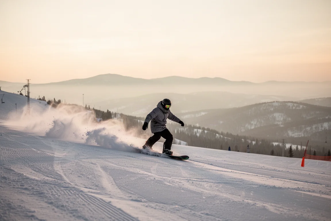 Snowboardeur taillant de la poudreuse fraîche sur une pente de montagne dans une lumière douce du matin
