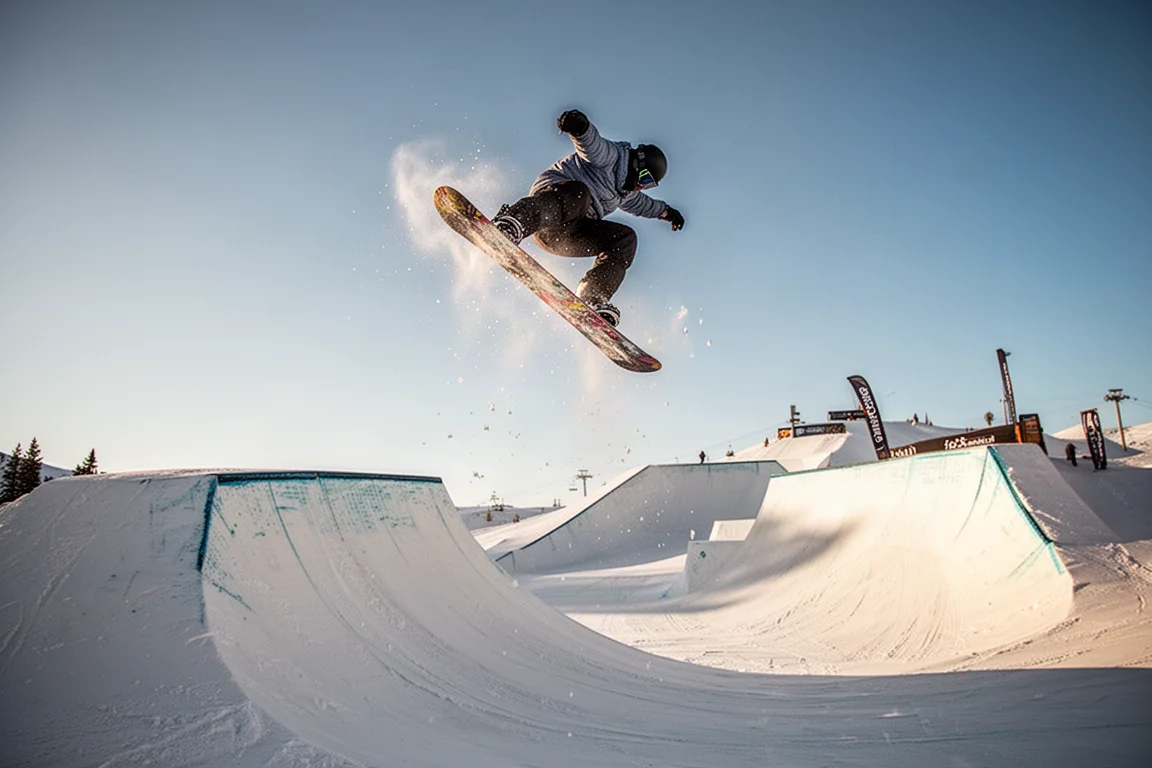 Snowboardeur s'élançant d'un gros kickers de park, en l'air contre un ciel bleu