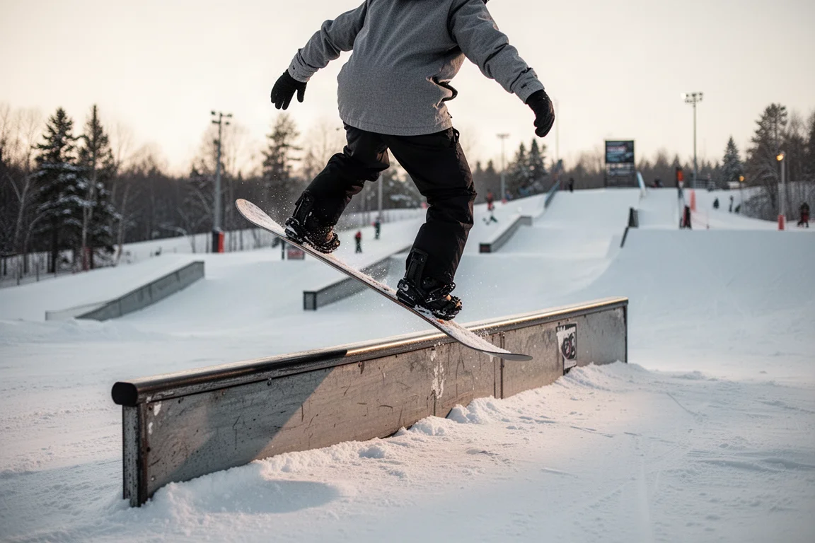Snowboardeur appuyant le nose d'une planche sur un rail de park