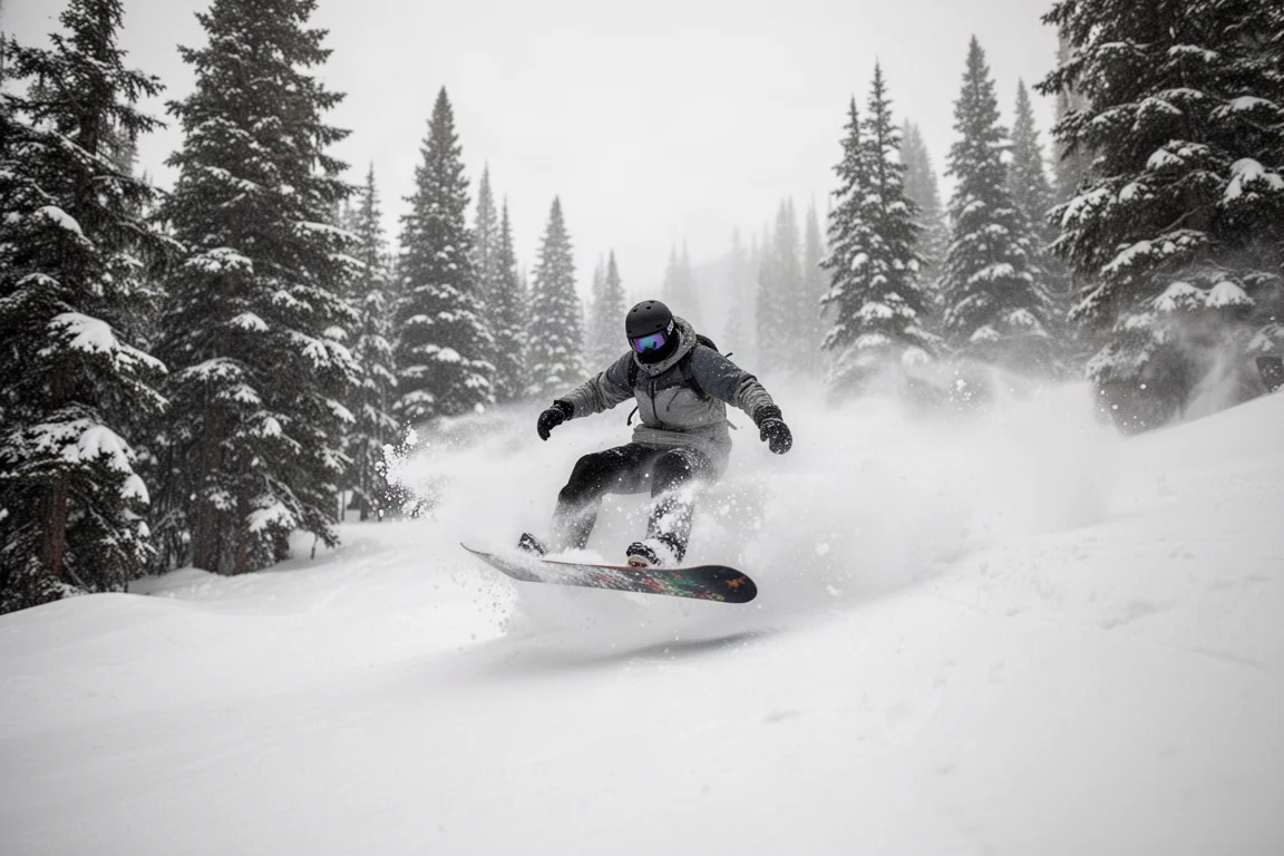 Snowboardeur dévalant de la poudreuse profonde avec des gerbes de neige