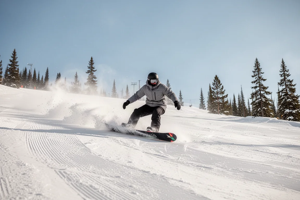 Snowboarderzy jeżdżący skrętami na przygotowanej trasie pod czystym błękitnym niebem