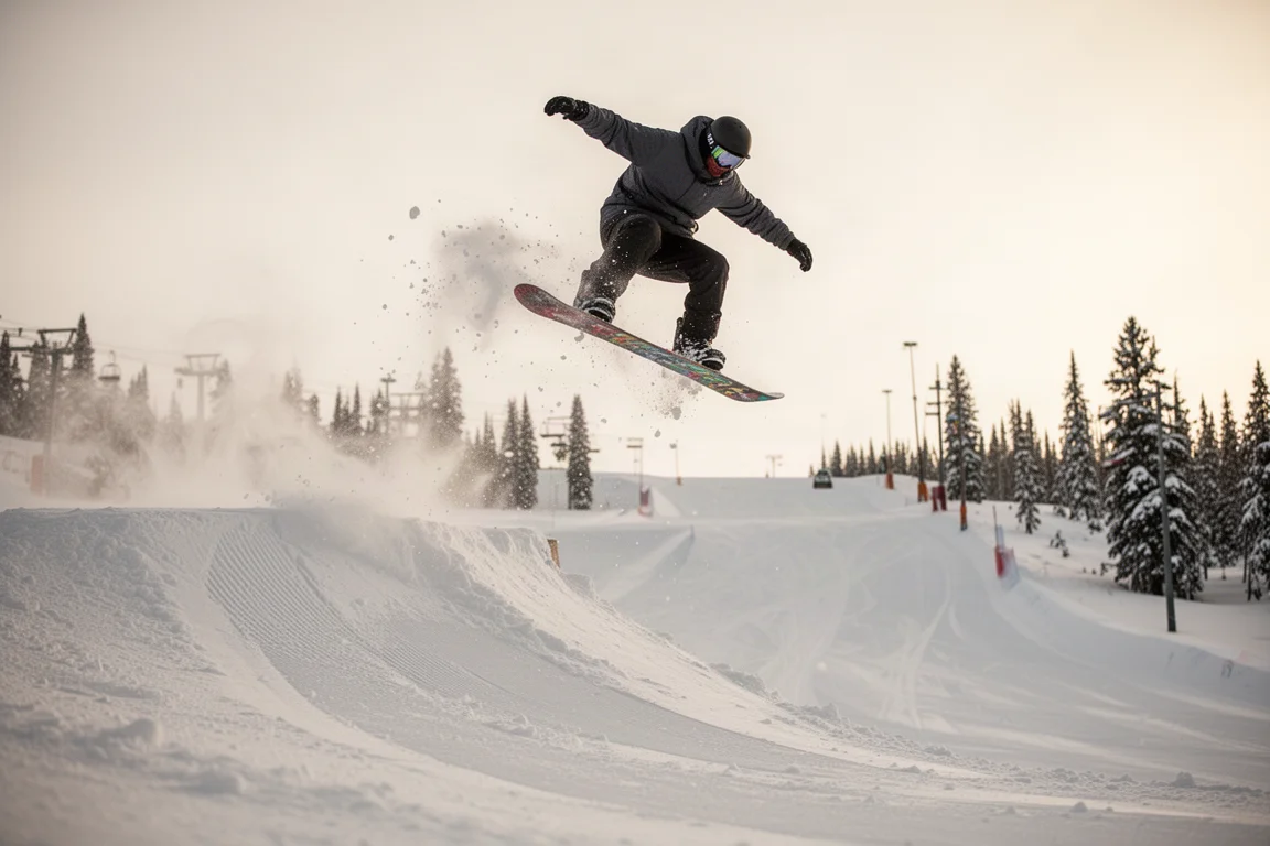 Snowboarder odbijający się od małego bumpu przy przygotowanej trasie