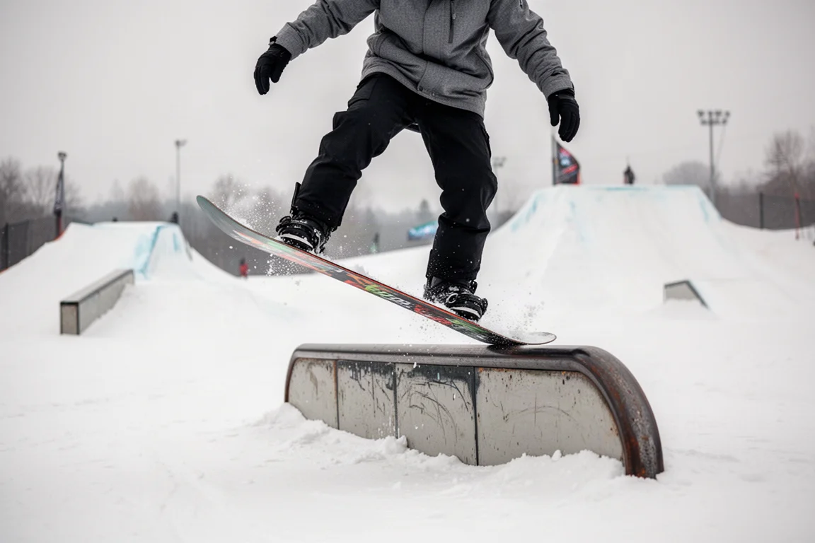 Snowboarder dociskający nos deski na niskim railu w snowparku