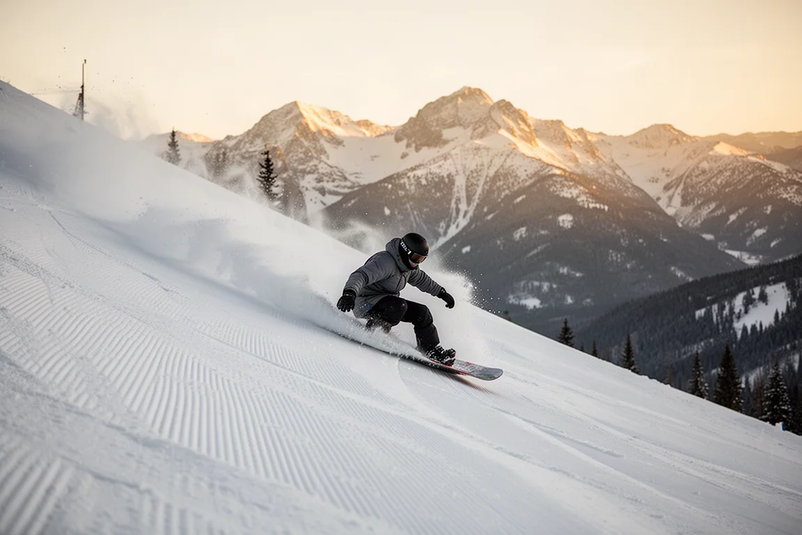 Snowboarder prowadzący głęboki carved turn na stromym stoku