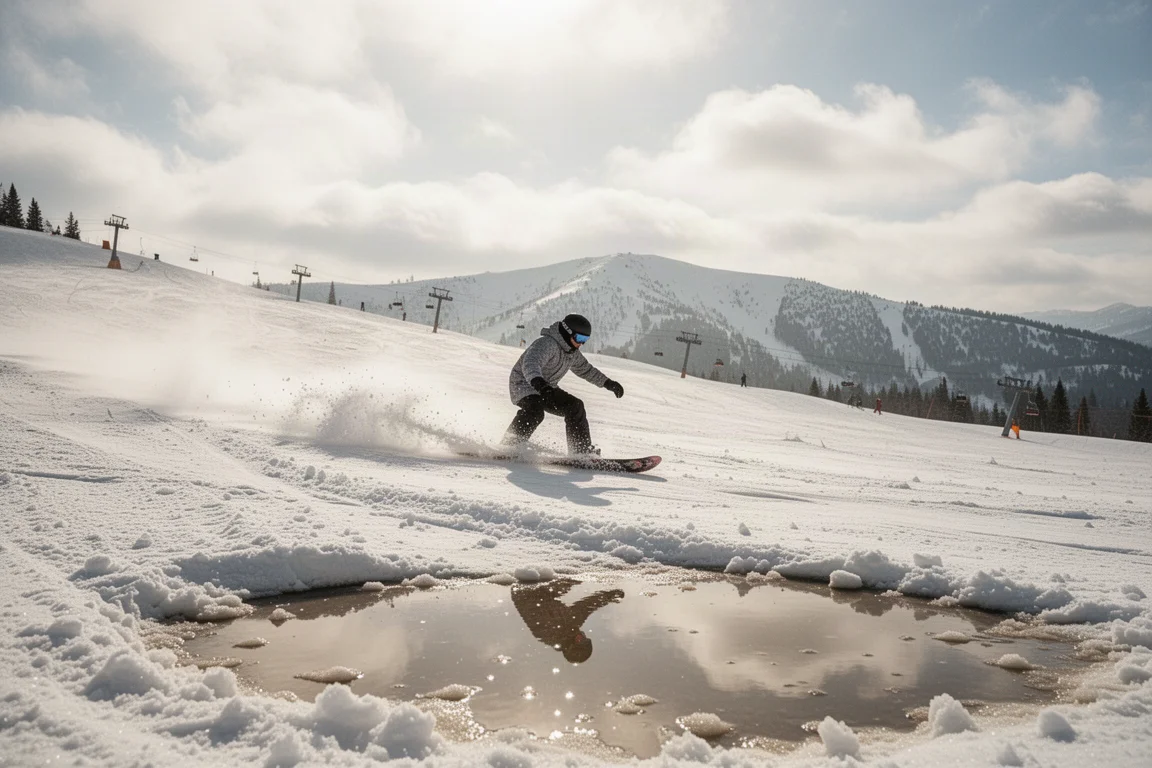 Snowboarder che scivola nella neve molle di primavera su una pista soleggiata in località