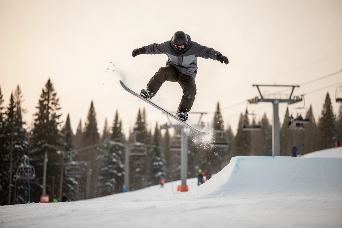 Snowboarder che spicca un salto da un side hit in aria con tempo di sospensione extra