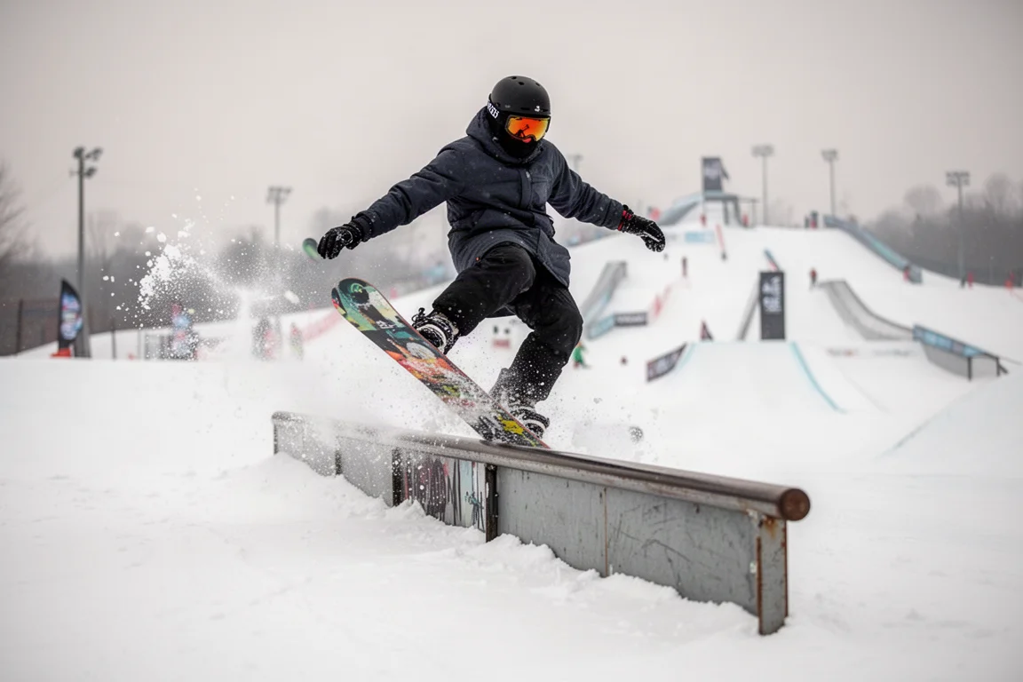 Snowboarder che scivola su una box nel terrain park