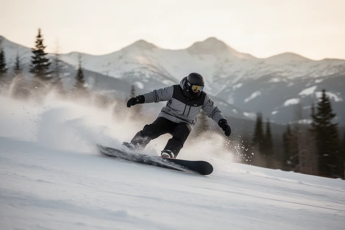 Snowboarder che esegue un profondo euro carve ad alta velocità
