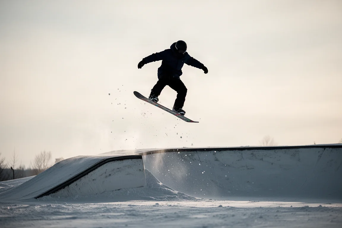 Snowboarder hebt vom Kicker ab, vor klar grauendem Winterhimmel