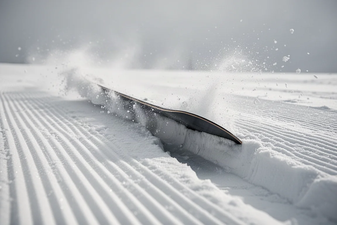 Nahaufnahme einer Snowboardkante, die eine tiefe Rinne in präparierten Schnee schneidet