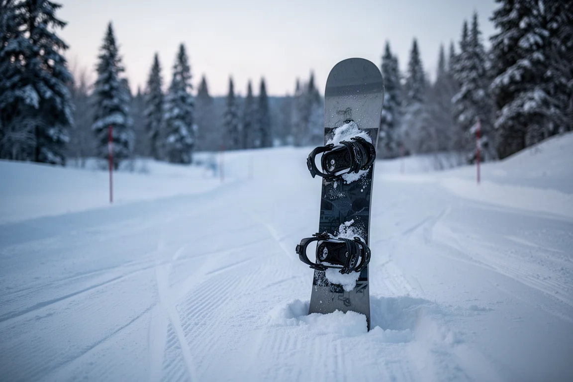 Snowboard mit Bindungen liegt in der Dämmerung im frischen Schnee