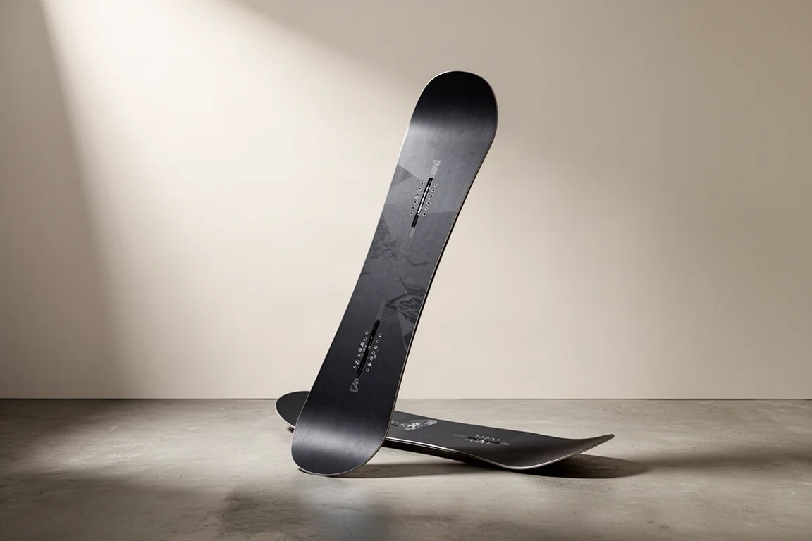 Asymmetrical freestyle snowboard standing upright on a concrete floor in studio light