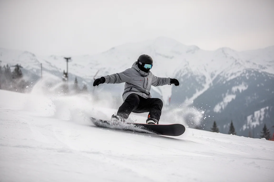 Snowboarder de freestyle trazando un giro limpio en una pista endurecida de la estación