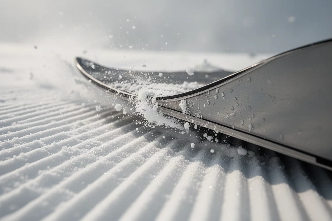 Primer plano del canto de una tabla de snowboard cortando nieve recién pisada tipo corduroy