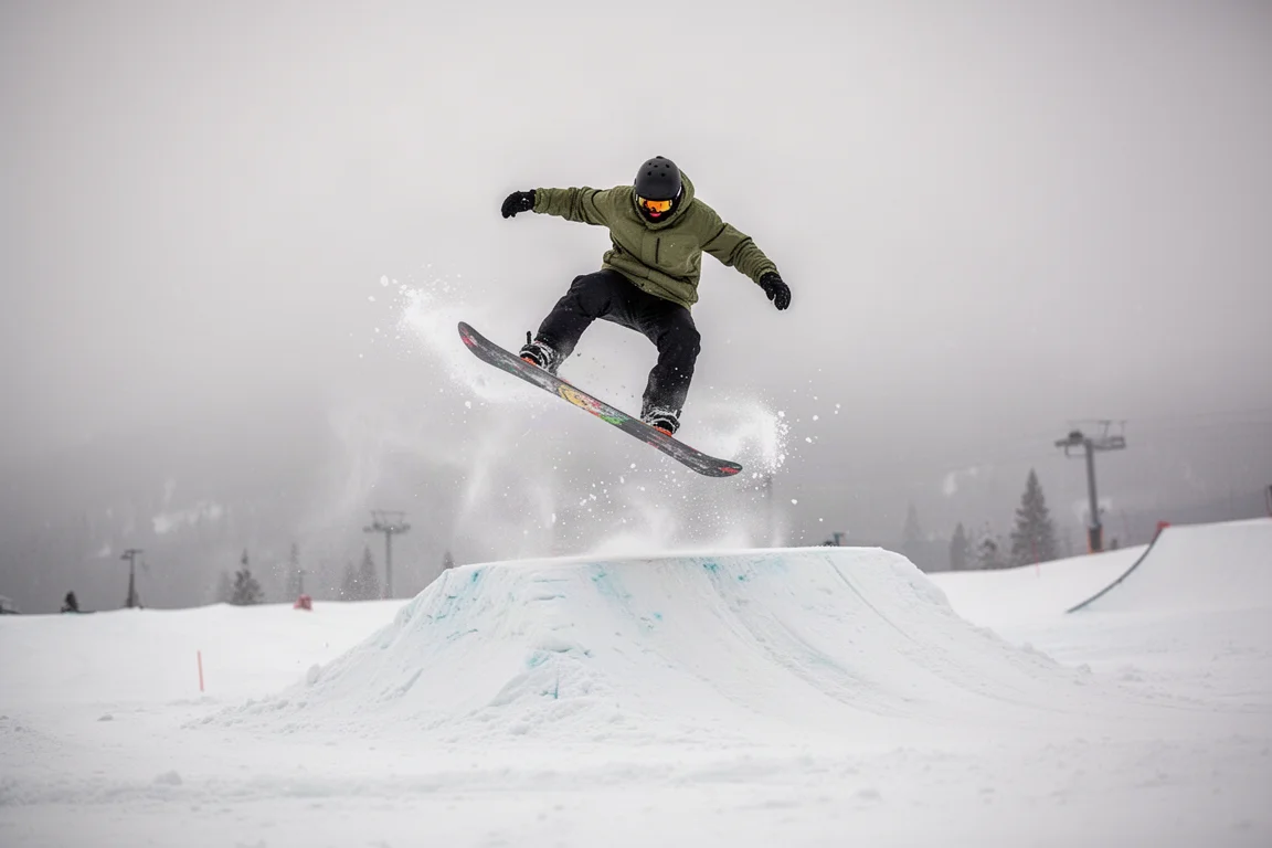 Snowboarder despegando un ollie desde un pequeño salto natural de nieve