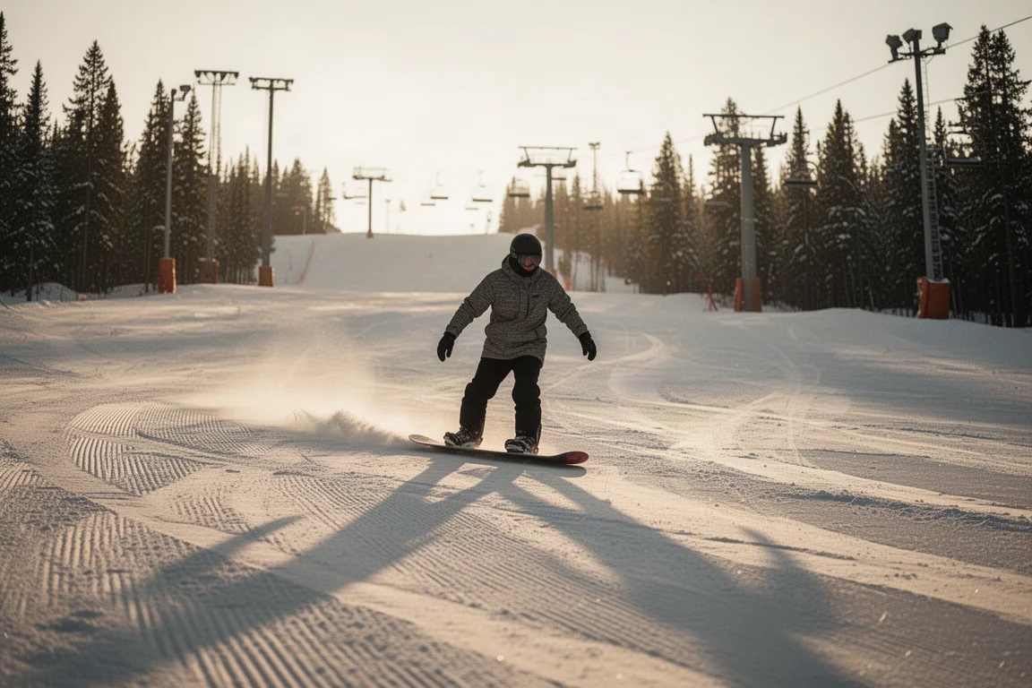 Snowboarder de freestyle bajando en switch por una pista ancha pisada