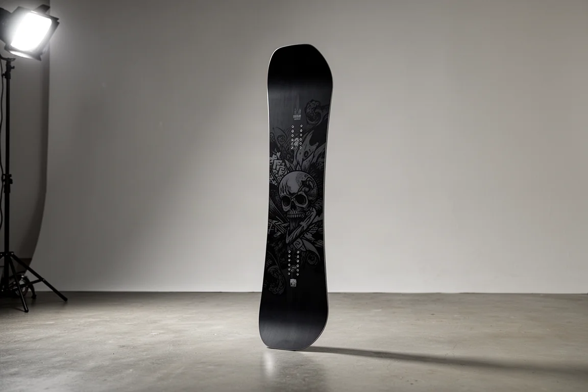 Tabla de snowboard freestyle YES Greats UnInc apoyada en vertical sobre el suelo de concreto de un estudio