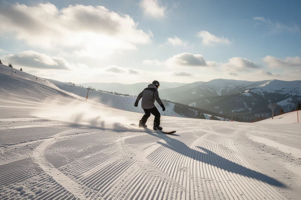 Snowboarderzy tnący świeżo ratrakowany stok w słoneczny górski poranek