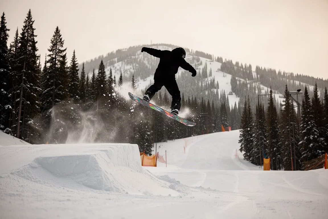 Snowboarder odbijający się od małego skoczka obok ratrakowanego traktu