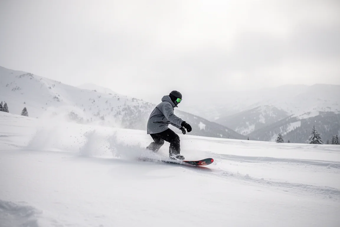 Snowboarder płynący przez głęboki puch w otwartym terenie