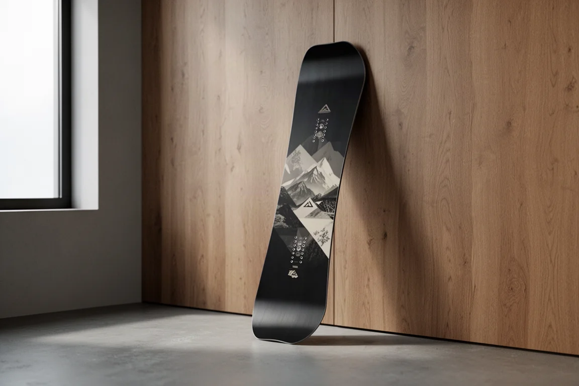 Deska snowboardowa YES Hybrid all-mountain oparta o drewnianą ścianę na betonowej podłodze