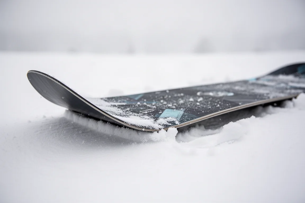 Ujęcie z niskiej perspektywy deski snowboardowej leżącej na ubitym śniegu, z rockerem na tipie i płaskim camberem pod stopami