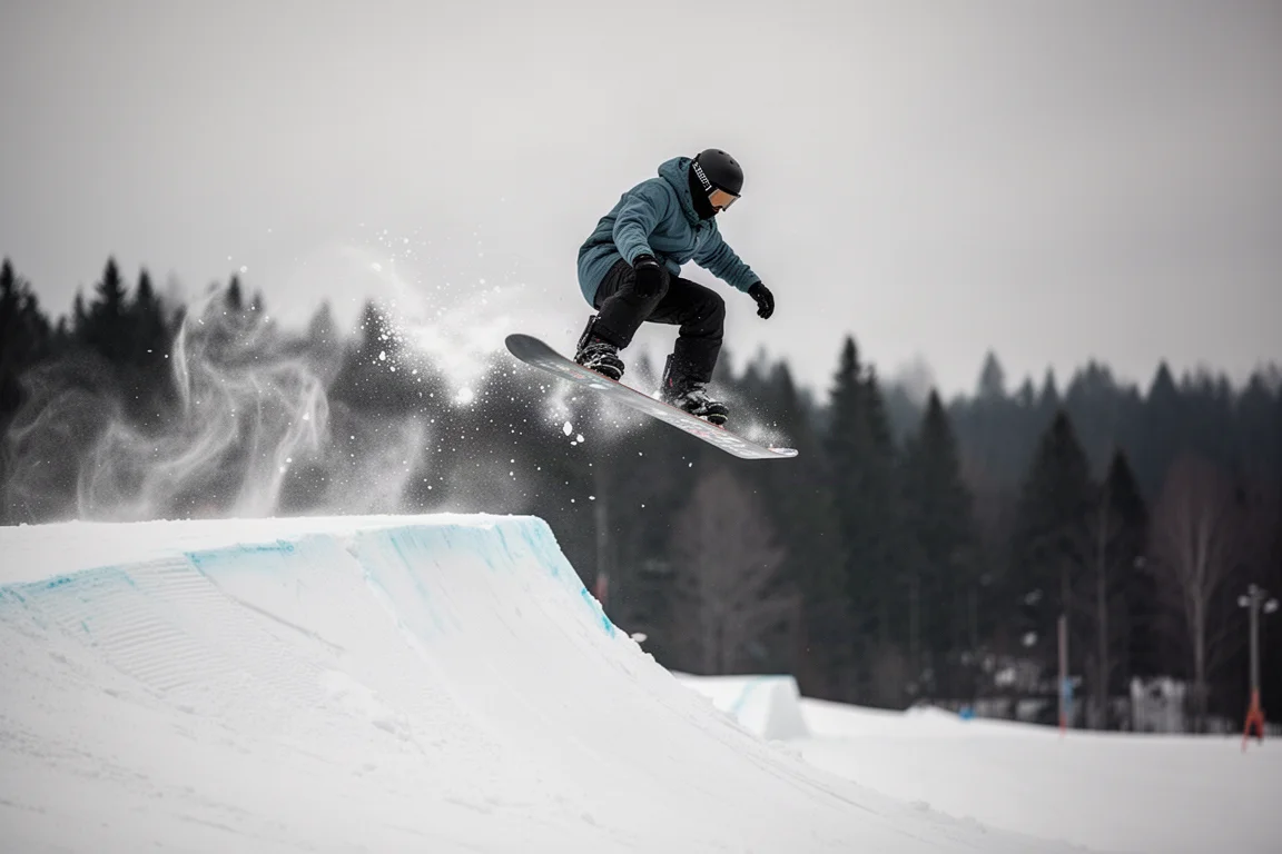Snowboardzista w powietrzu nad windlipą ze smugą śniegu za sobą w pochmurny dzień