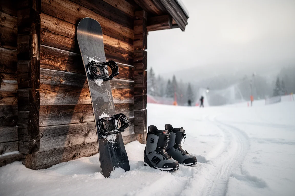 Deska snowboardowa oparta o drewnianą ścianę schroniska z zamontowanymi bindingami i butami na śniegu obok