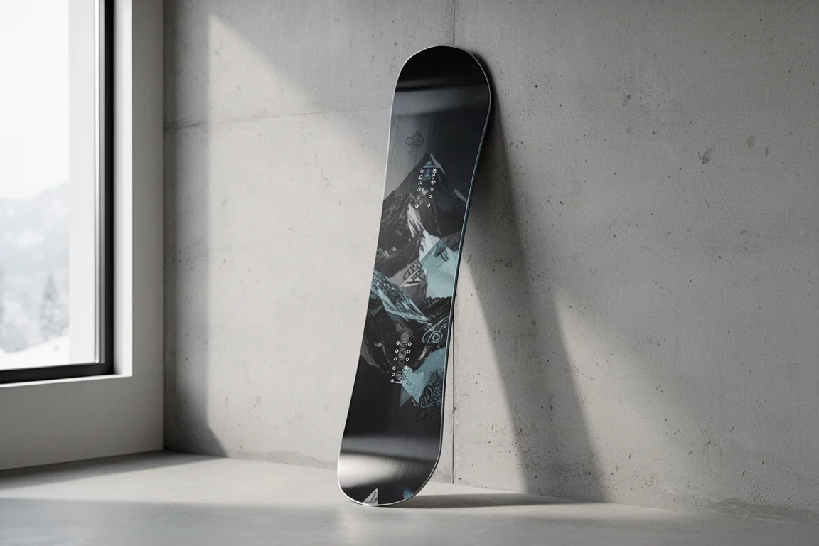 Directional freeride snowboard standing upright against a matte concrete wall in soft daylight