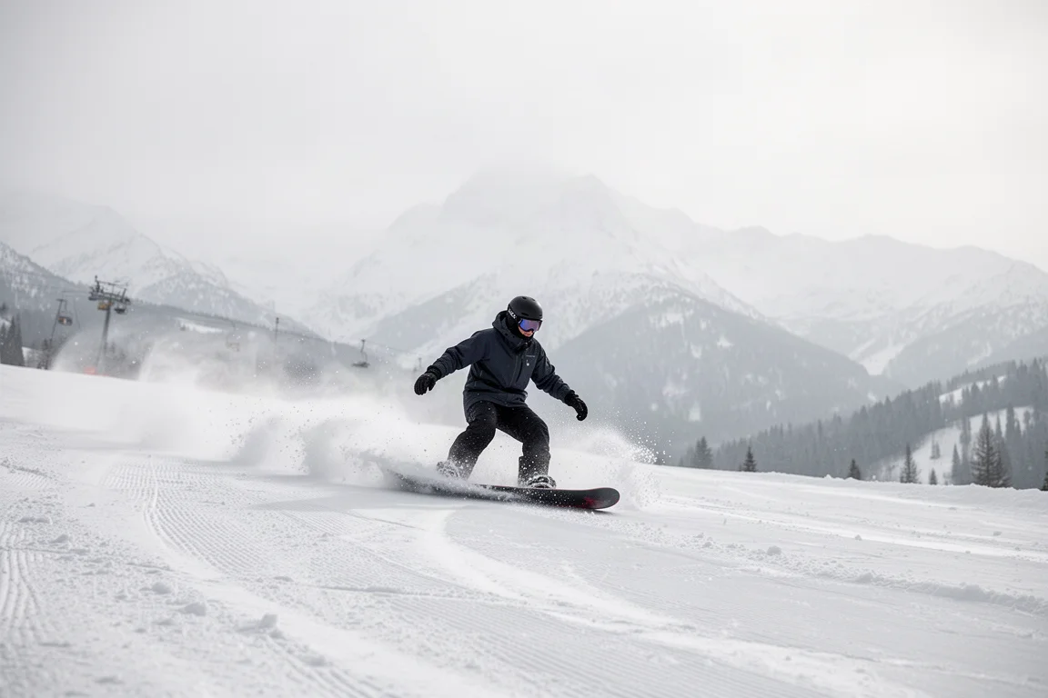 Snowboardeur décrivant une grande courbe sur une piste printanière large par temps couvert