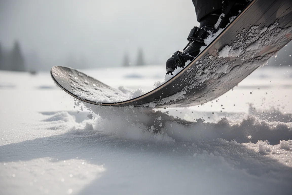 Gros plan sur le talon d'un snowboard qui s'enfonce dans la neige molle du printemps