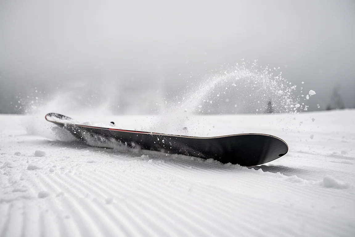 Vue en contre-plongée d'une carre de snowboard traçant une ligne nette dans la neige damée