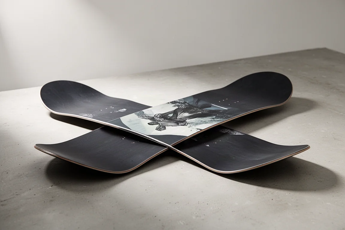 Park snowboard with matte dark top sheet angled on a pale concrete surface