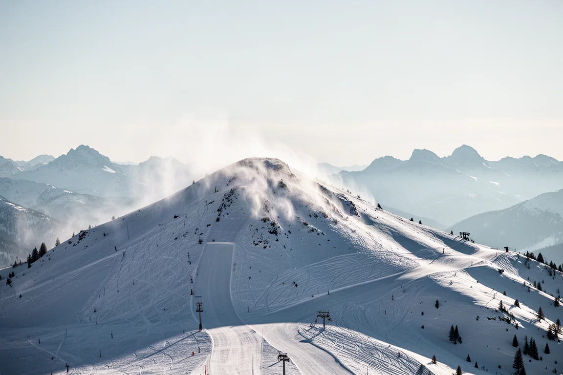 Crête alpine balayée par le vent par un matin bleu éclatant avec des pistes damées en contrebas