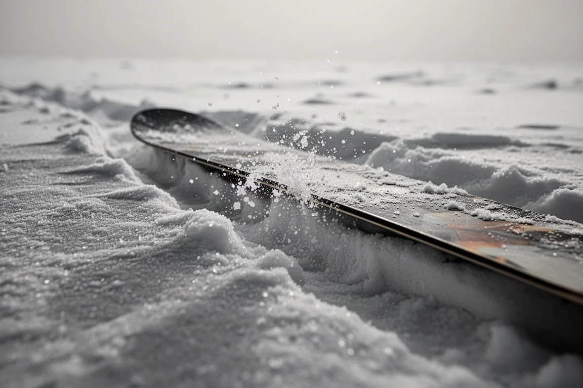 Carre d'un snowboard creusant une shallow tranchée dans la neige cassée et la croûte de glace