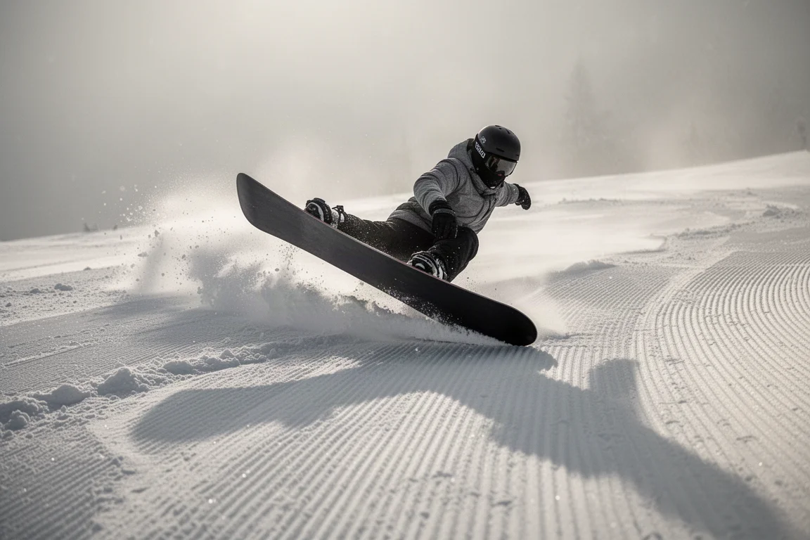 Vue en contre-plongée d'un snowboard incliné sur la carre laissant une tranchée carvée dans la neige damée