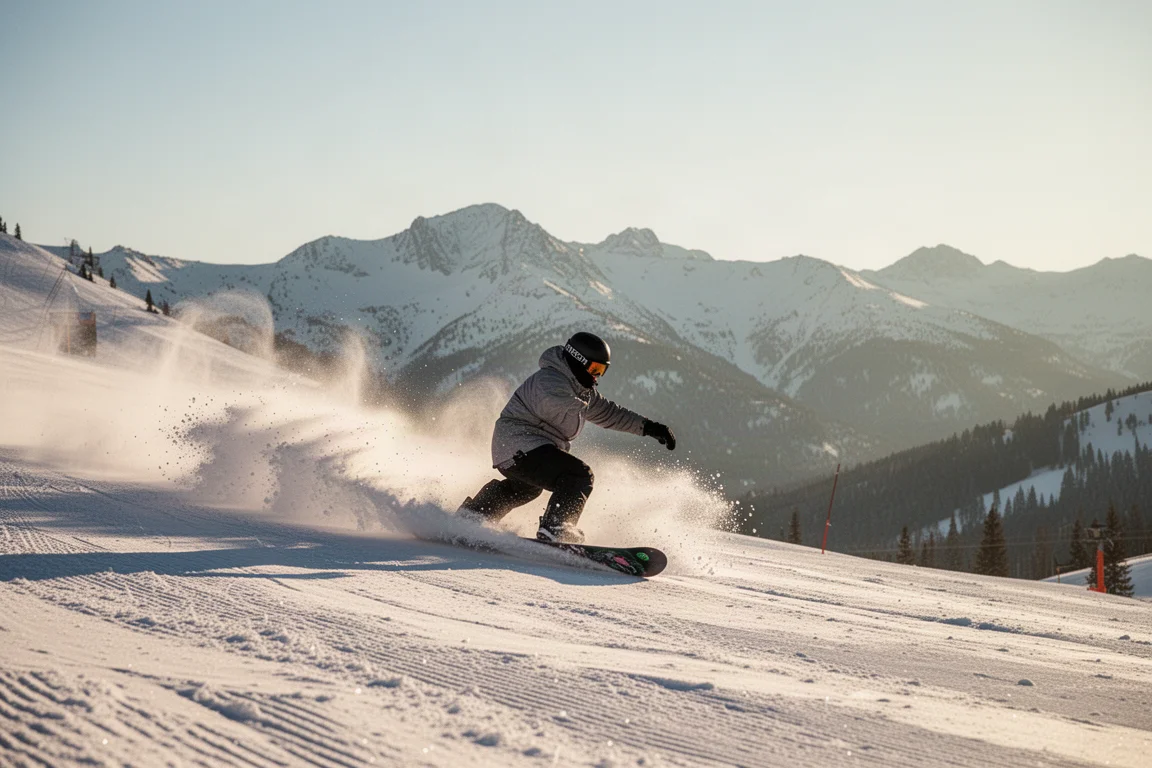Snowboarderzy tnący twarde wiosenne trasy na słonecznym stoku górskim