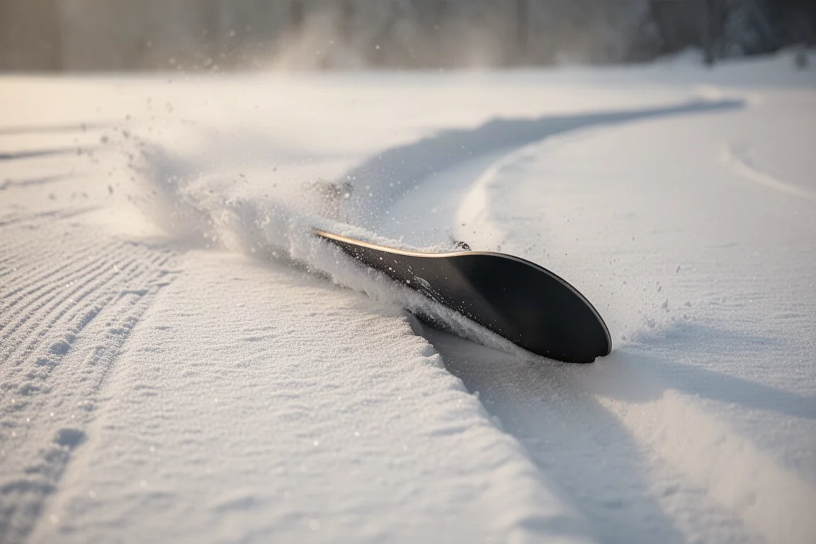 Zbliżenie na krawędź deski snowboardowej wciskającą się w trasowany zakręt na przygotowanym śniegu