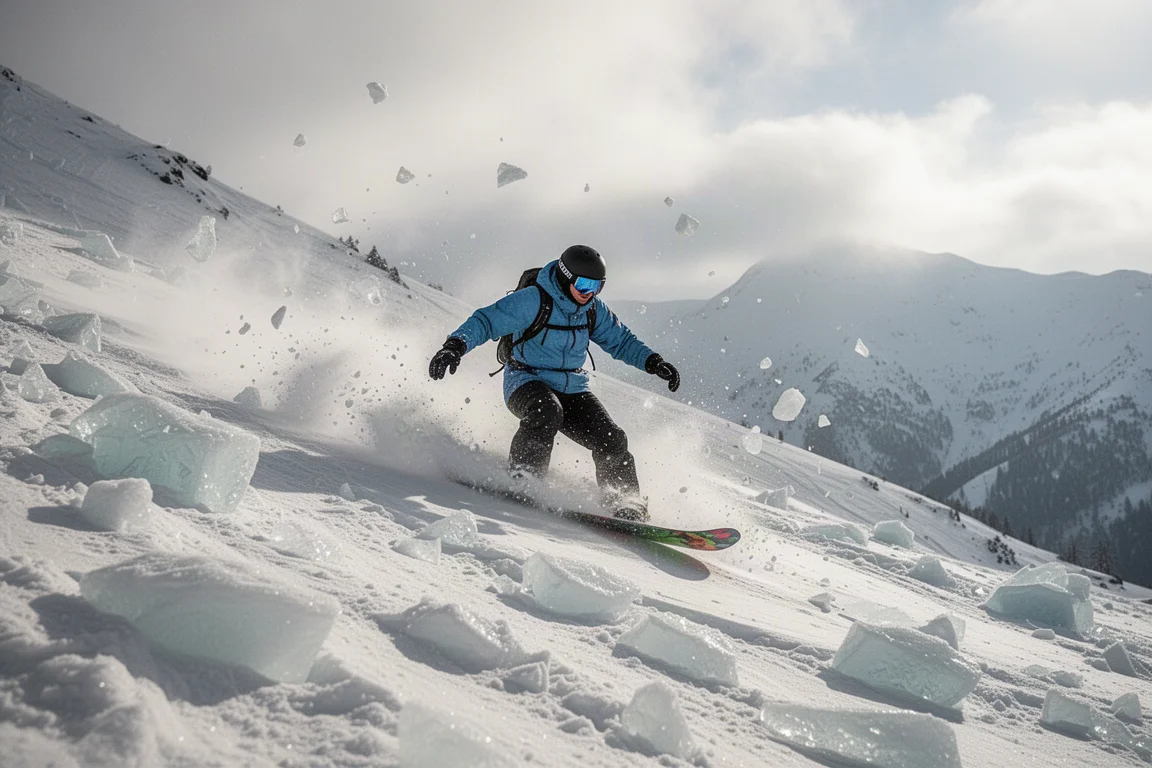Snowboarder jadący przez rozjeżdżony, zmarznięty śnieg na stromym stoku