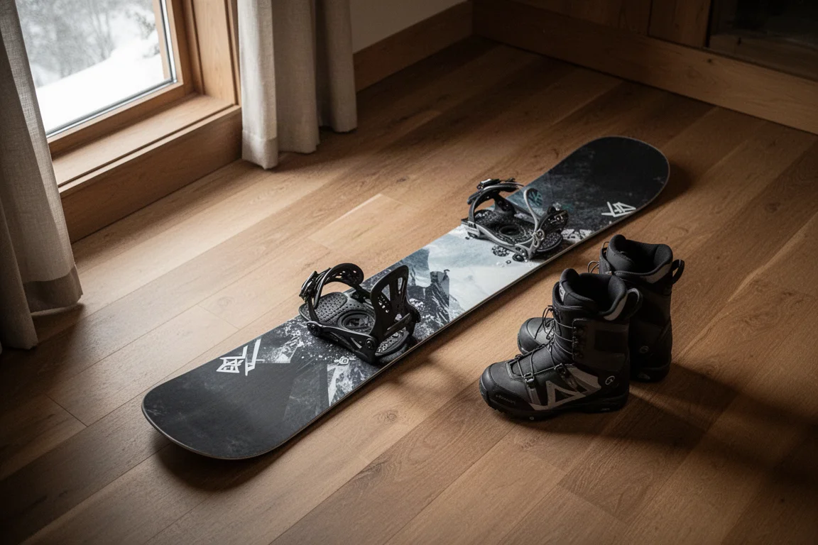 Deska snowboardowa z zamontowanymi wiązaniami, położona płasko na podłodze schroniska