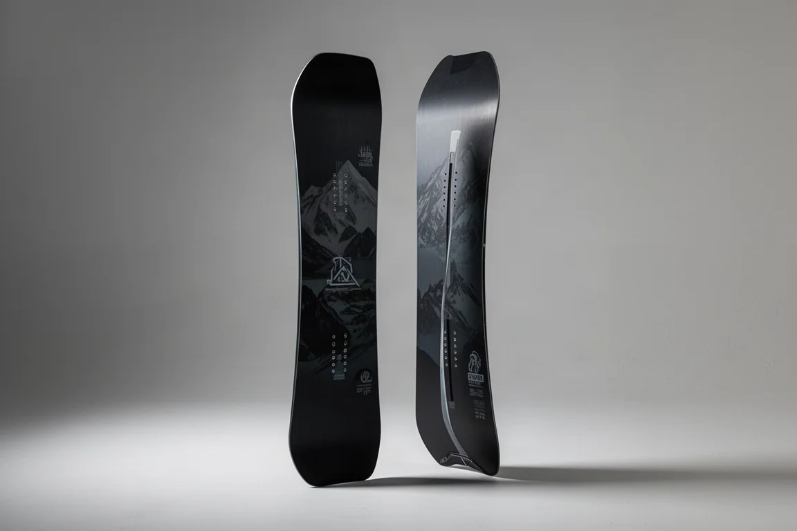 Kierunkowa freeride'owa deska snowboardowa Yes Optimistic stojąca pionowo na szarym tle