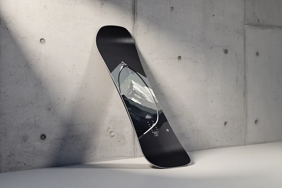 Directional freeride snowboard with a dark matte topsheet leaning against a concrete studio wall