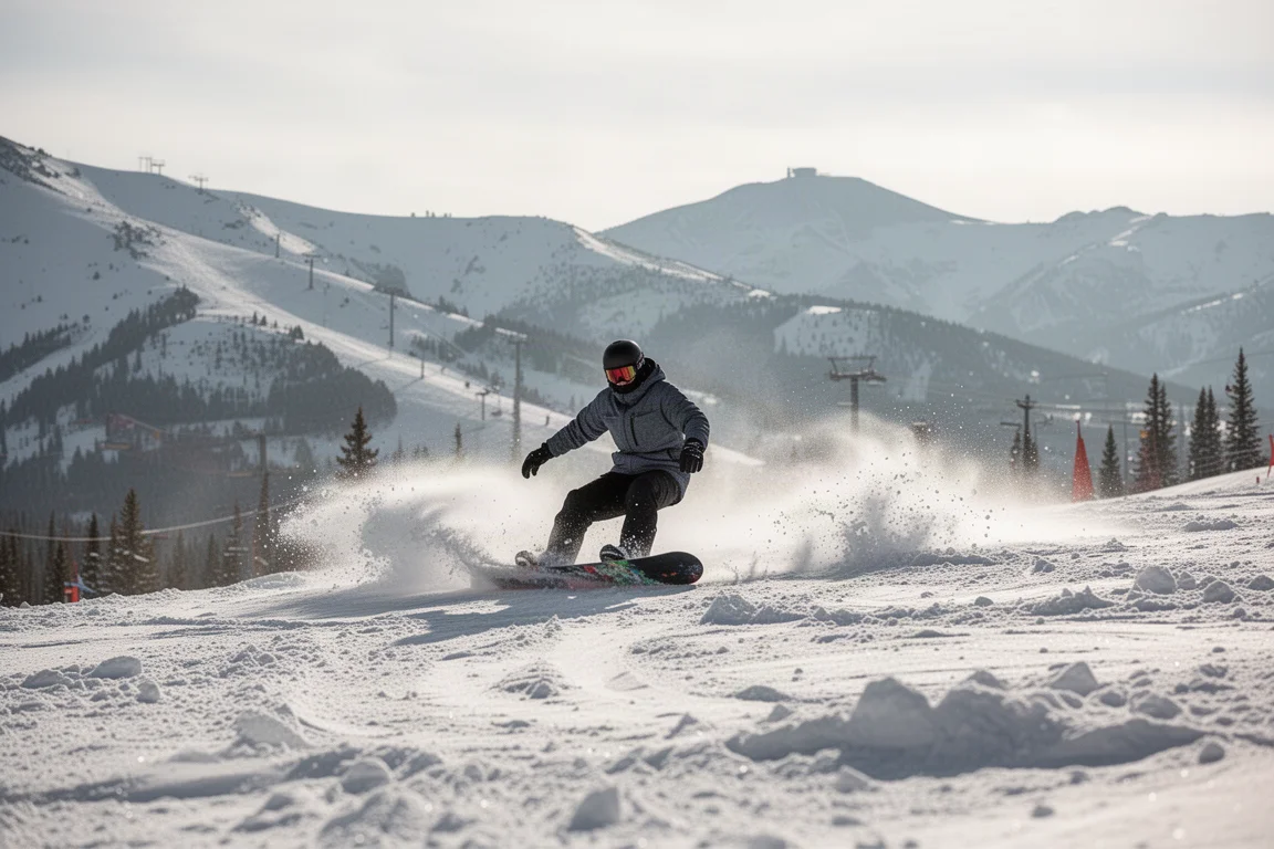 Snowboardzista jedzący przez porozbijane resztki śniegu na słonecznym stoku góry