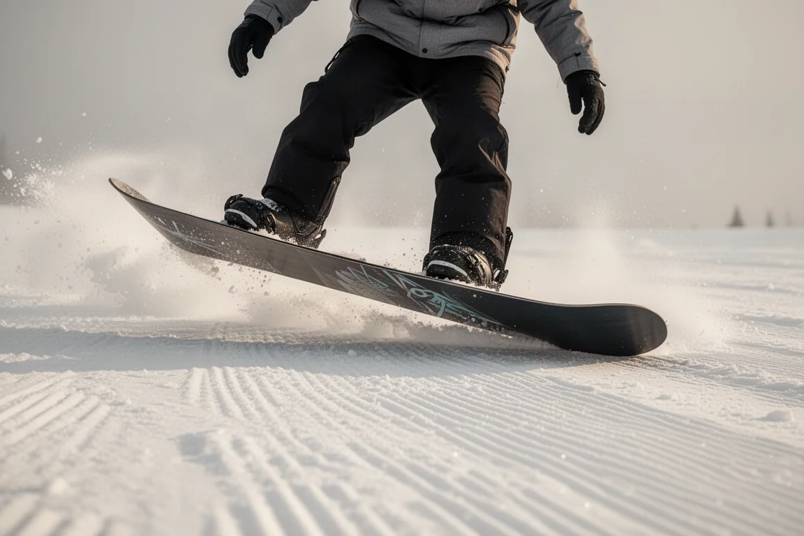 Snowboardzista dociskający nos deski na przygotowanej trasie