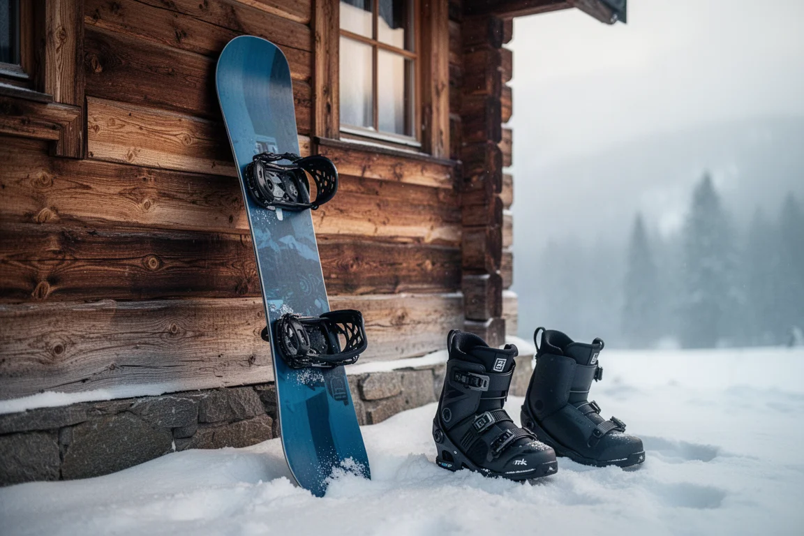 Deska snowboardowa oparta o ścianę schroniska z wiązaniami i butami w pobliżu