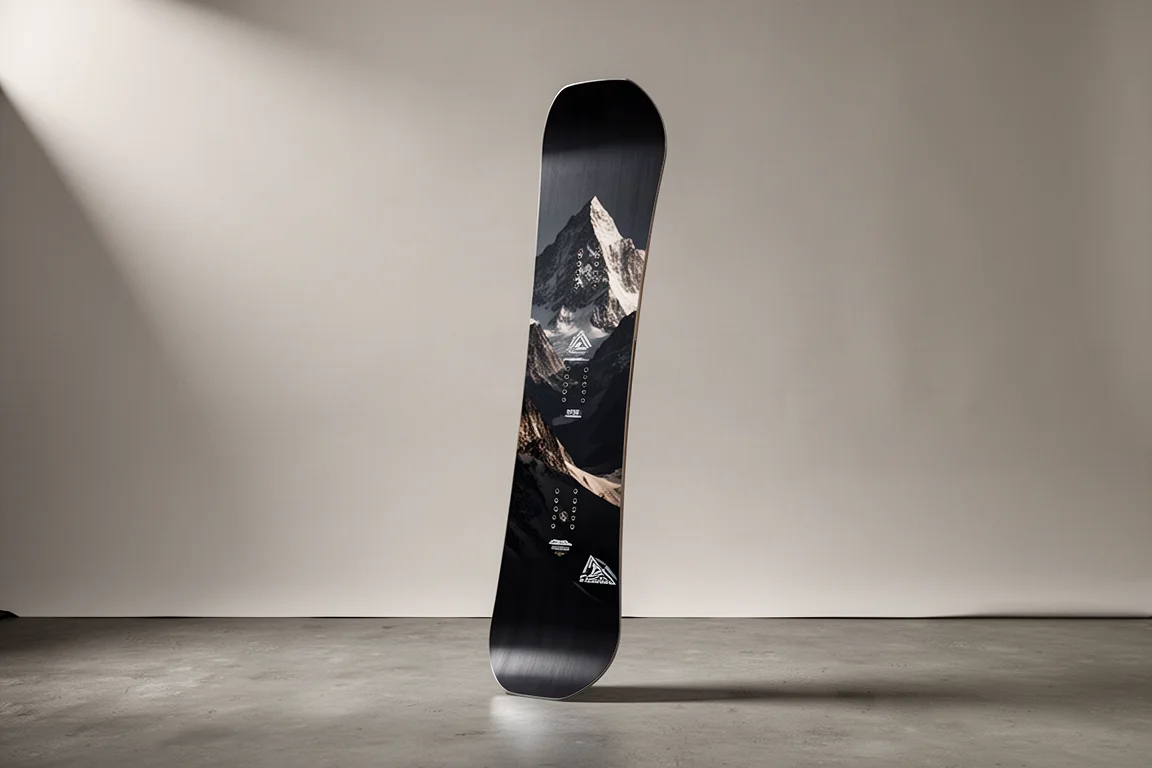Deska snowboardowa YES Pick Your Line UnInc all-mountain stojąca pionowo na szarym tle