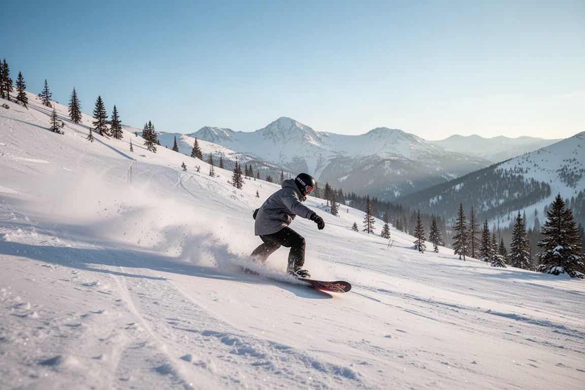 Snowboarder riding fresh powder on a bluebird morning at a mountain resort
