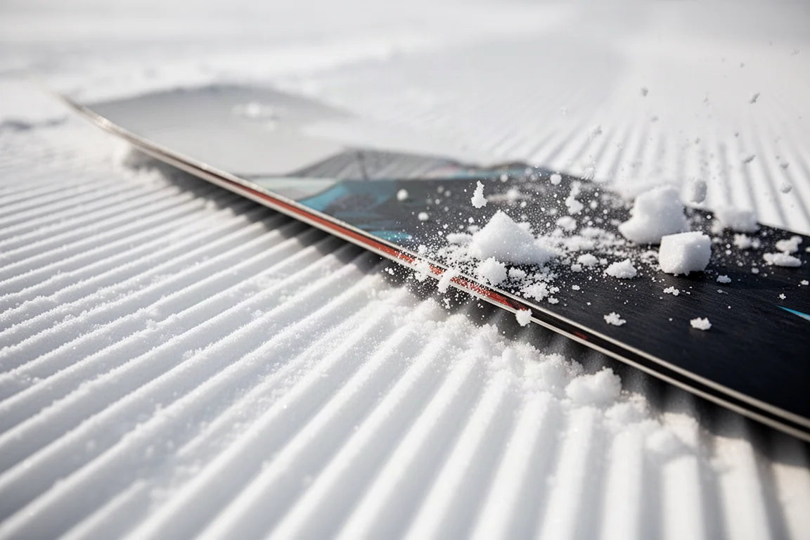 Close-up of a snowboard edge cutting into firm corduroy groomer snow