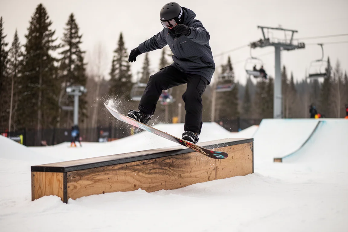 Snowboarder pressing the nose of a board over a park feature