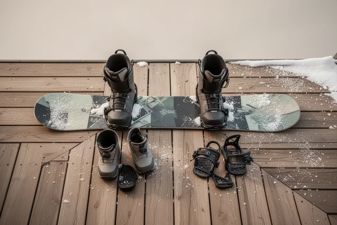 Snowboard laid flat on a lodge deck beside boots and bindings